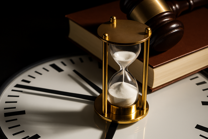Image of a clock and an hourglass in front of a law book and a gavel.