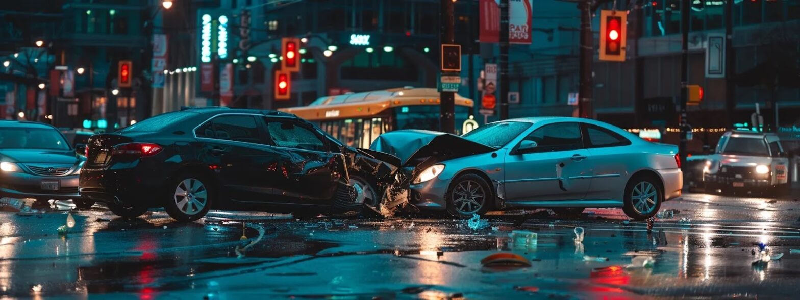 two cars crashed on a busy intersection, with a concerned driver on the phone.