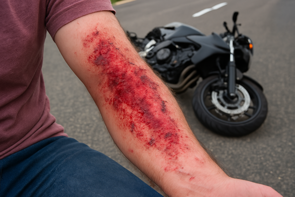 man on the street with road rash from a motorcycle accident