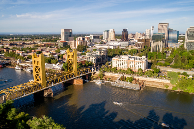 Aerial view of Sacramento's Tower Bridge and the Sacramento River