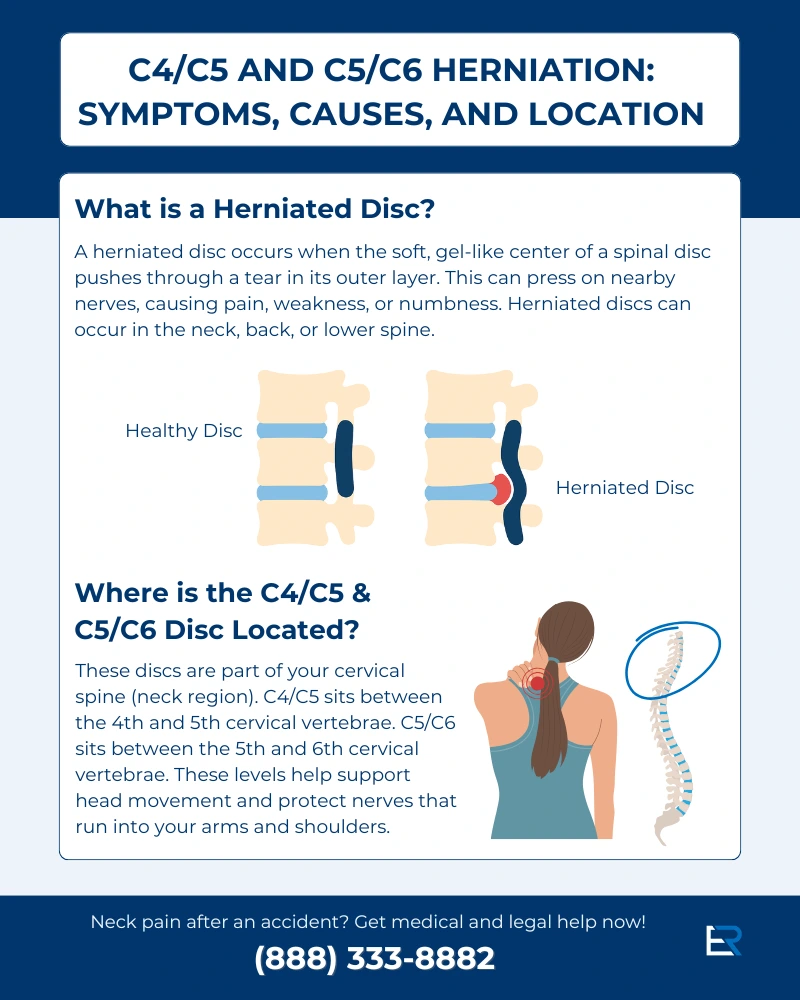 Infographic about causes, symptoms, and location of c4/c5 and c5/c6 herniated disc injuries