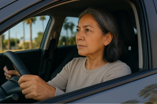 Image of an older, female driver with both hands on the wheel.