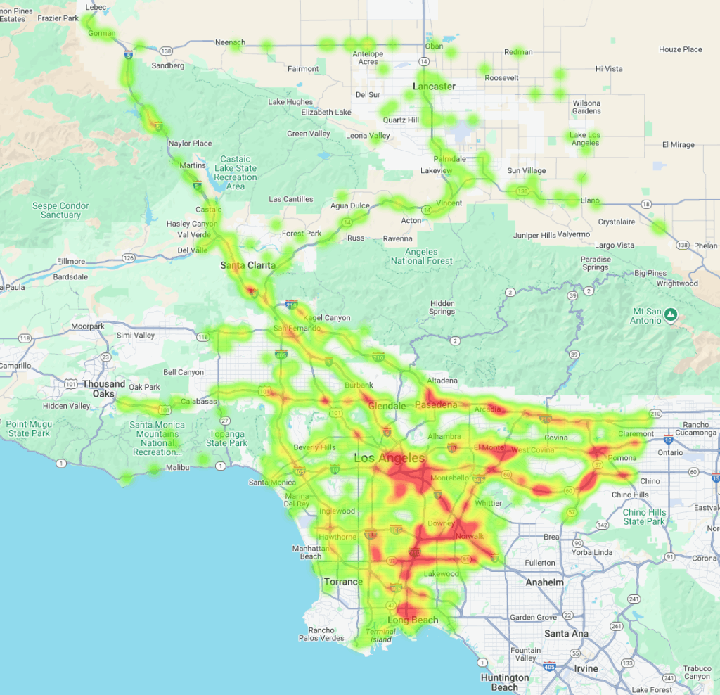 Heatmap of truck accidents that happened in Los Angeles County in 2023