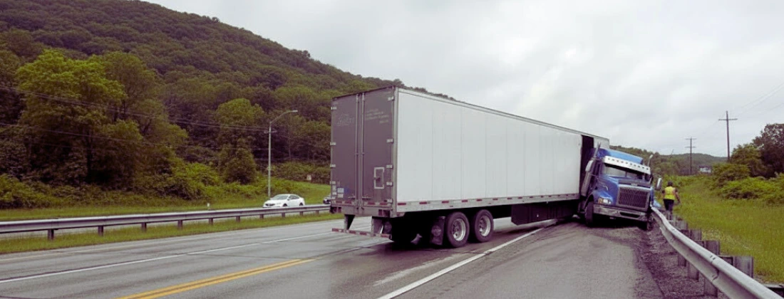 semi truck jackknifing in the road and blocking lanes