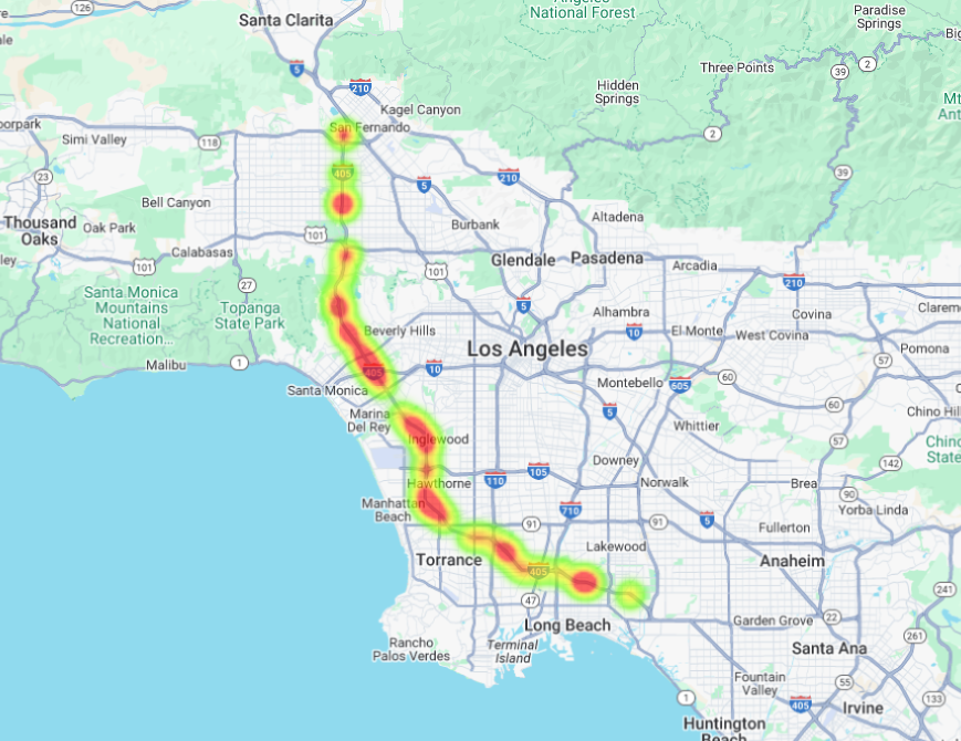 heatmap of truck accidents that happened on the 405 freeway in los angeles