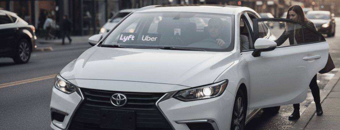 a woman getting into a lyft or uber vehicle in the street