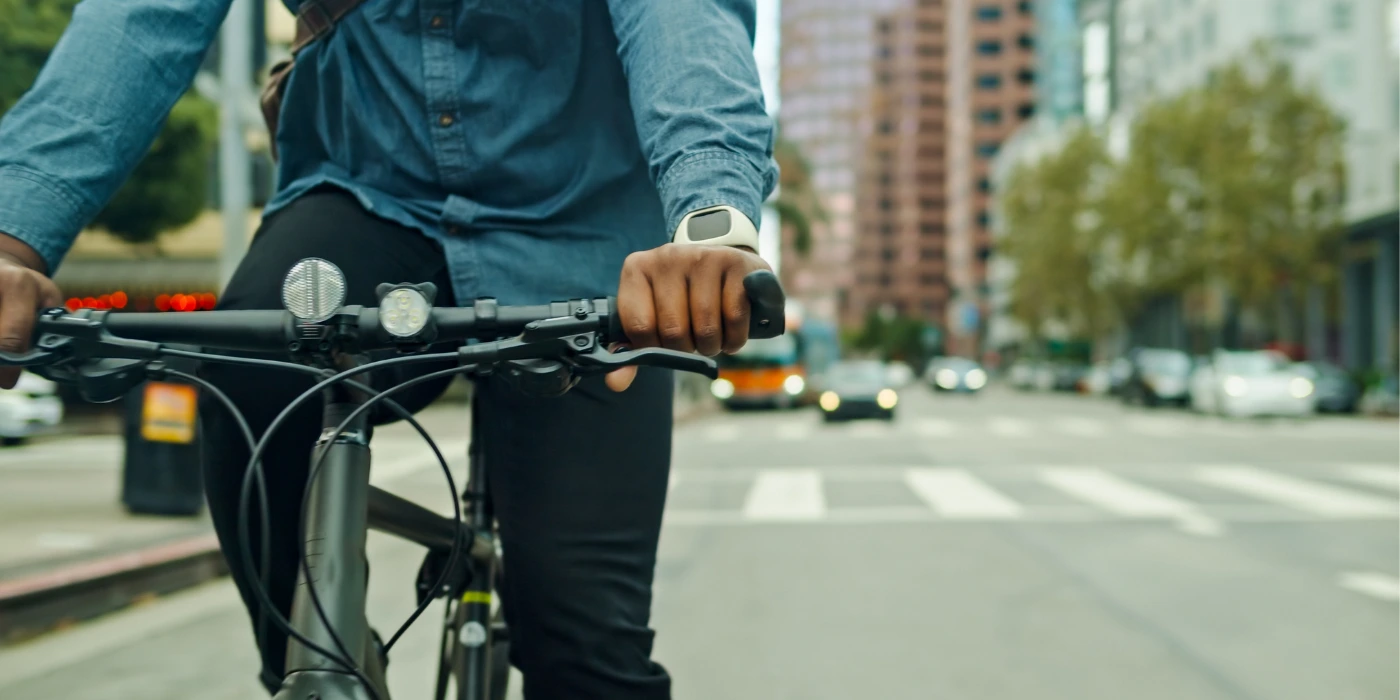 a person riding a bicycle in downtown los angeles