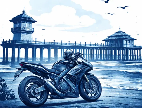 Graphic of a motorcycle with the HB Pier behind it.