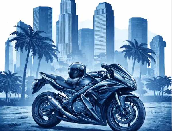 Graphic of a motorcycle with the LA skyline behind it.