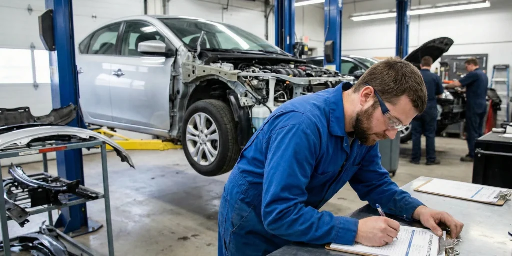 auto body shop technician creating an estimate counting hidden damage