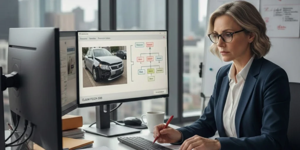 insurance company on a computer reviewing a new case