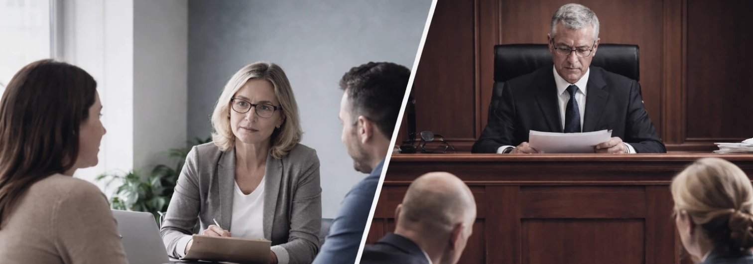 image divided in half showing a mediation session versus an arbitration session