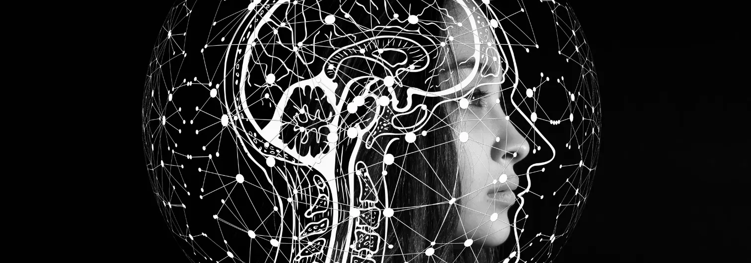 Profile of woman with illustrated brain and neural network overlay representing traumatic brain injury after car accident