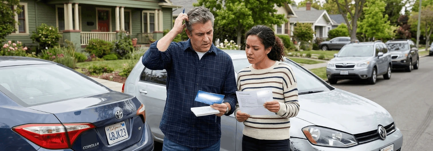 Drivers looking confused while exchanging insurance information