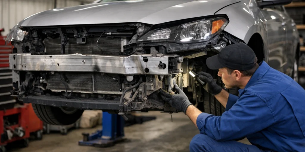 body shop technician inspecting hidden damage behind a vehicle bumper