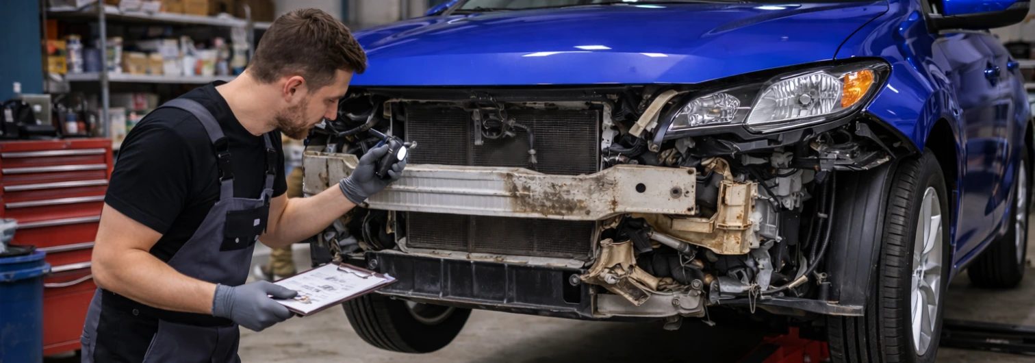 body shop technician during tear down process inspecting hidden vehicle damage
