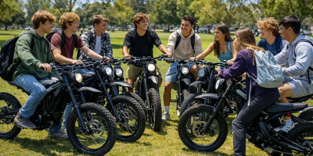 A group of high school students riding Surron-style eMotos in a park's field.