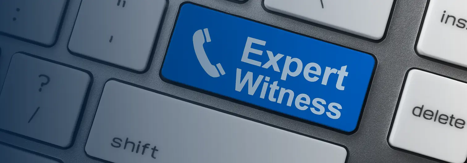 Image of a keyboard with one of the keys labeled "expert witness".