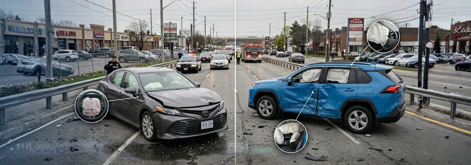 two different accidents with a comparison of frontal airbags vs side airbag deployment