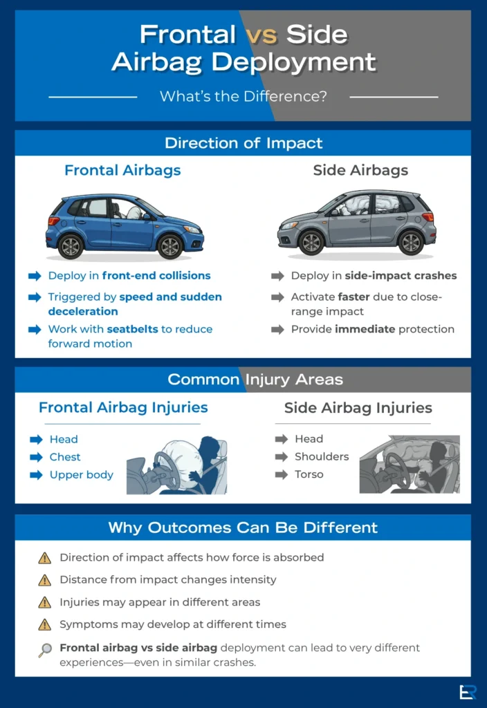 Infographic comparing frontal airbag vs side airbag deployment