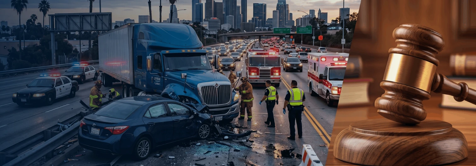 truck accident on a Los Angeles Freeway next to a gavel