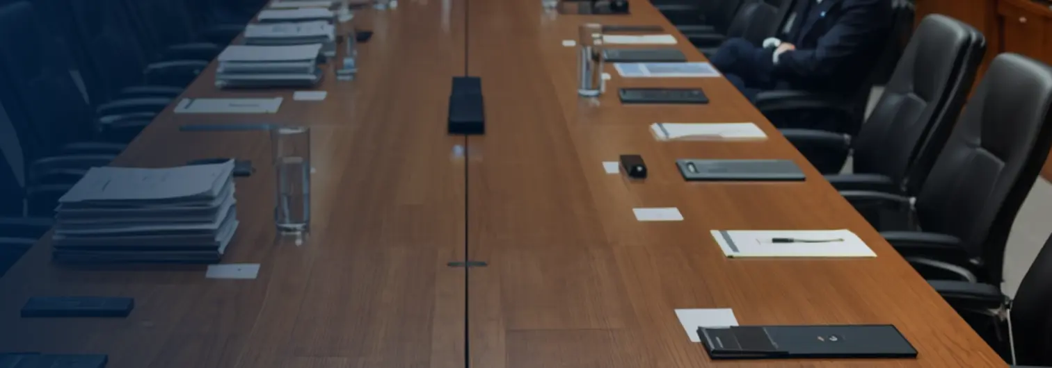 Image of a boardroom with stacks of documents and insurance defense lawyers.