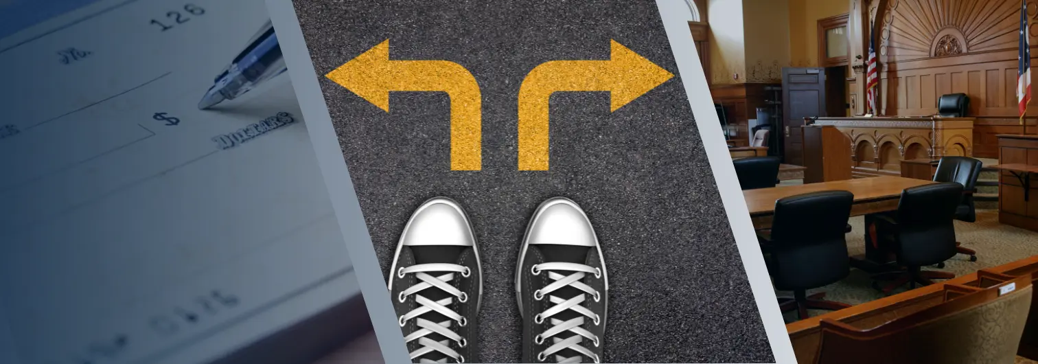 Image of a person presented with the option to settle or to file a lawsuit