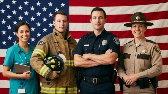 First responders in front of an American flag
