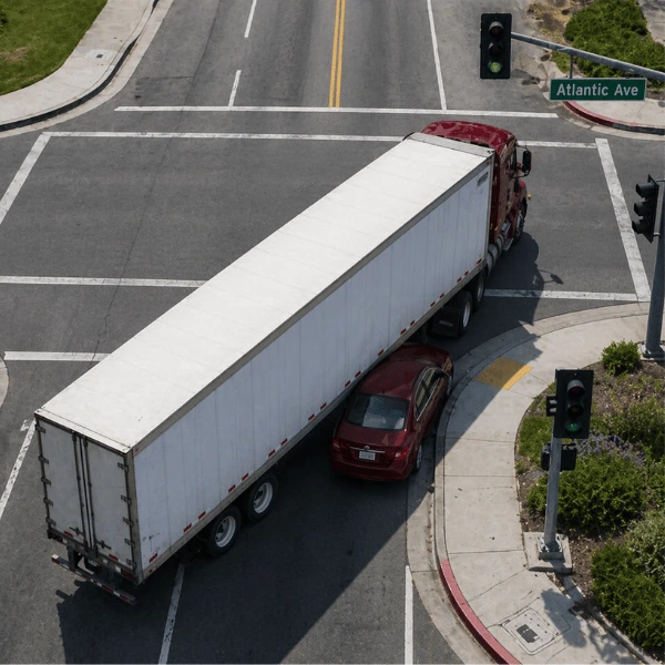 wide-turn accident showing a passenger car pinned