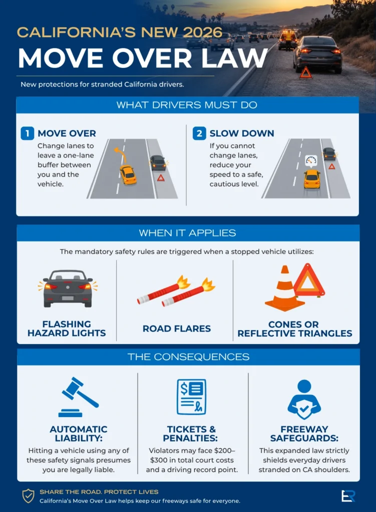 Infographic about what drivers are required to do under California's Move Over Law 2026