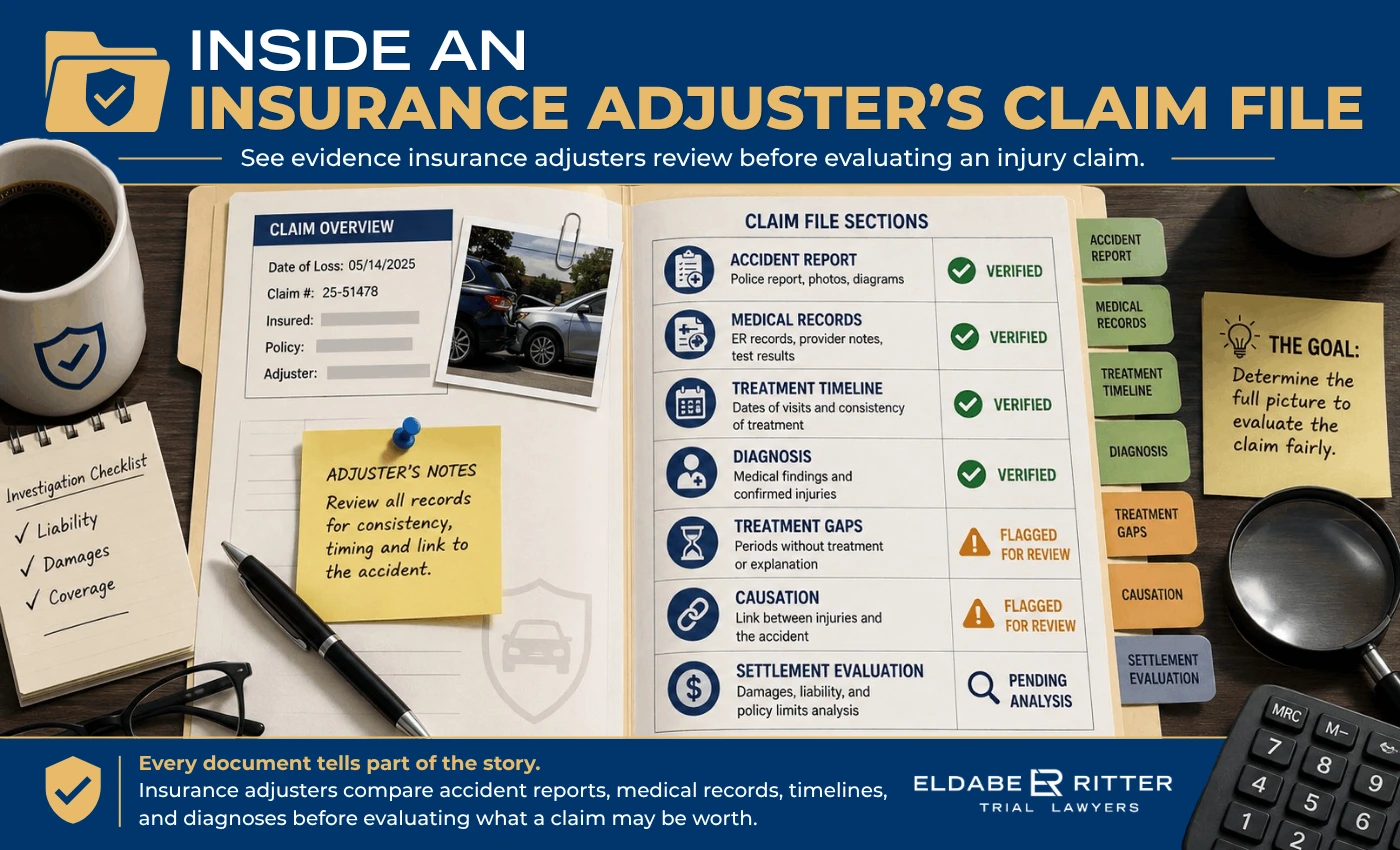 Illustration showing how insurance adjusters review medical records, treatment history, and causation after a car accident.