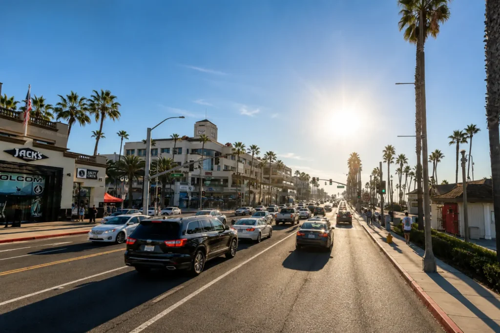 Street-level view of PCH in Huntington Beach showing traffic density near the pier and Main Street intersection