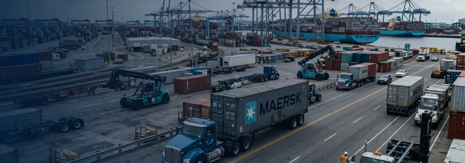 A drayage truck navigating the Port of Long Beach terminal illustrating the complexity of truck accident liability in port environments