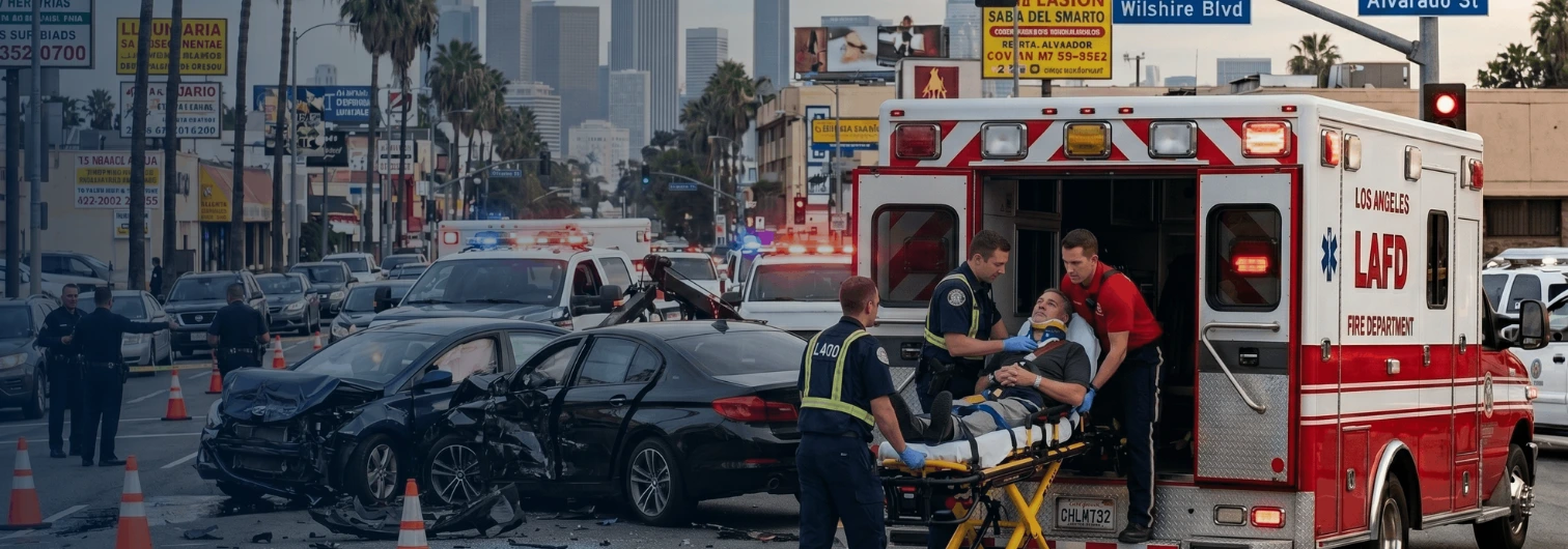 driver being wheeled into an ambulance at a car accident scene