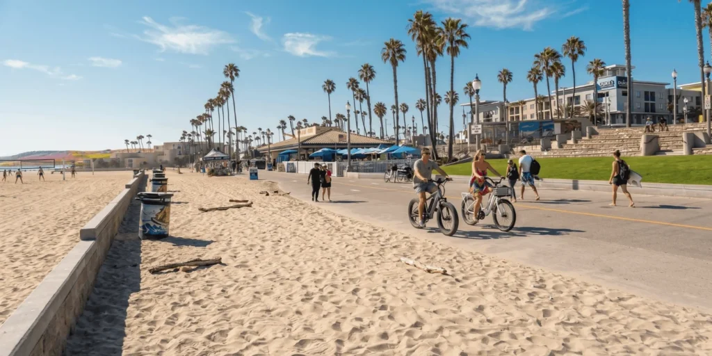 E-bike and pedestrians sharing the paved Strand near the Huntington Beach pier