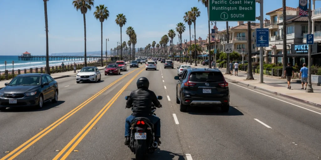Single-lane section of PCH in Huntington Beach with a motorcycle visible in traffic