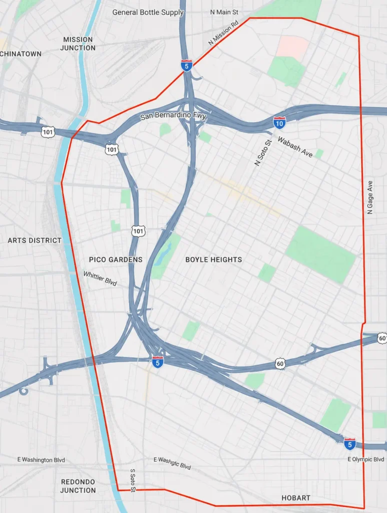 Map of the Boyle Heights neighborhood in Los Angeles outlining its boundaries with the Los Angeles Interchange roads labeled