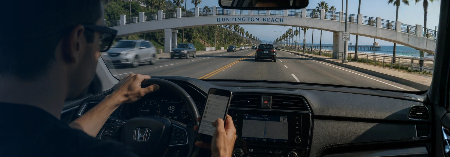 Driver glancing at smartphone while behind the wheel on a coastal highway in Huntington Beach