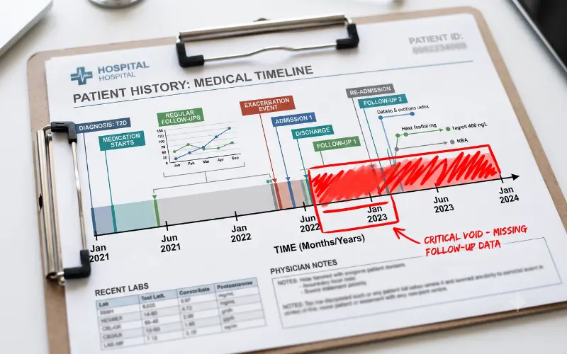 Medical treatment timeline with a gap flagged, a common target for insurance defense attorneys.