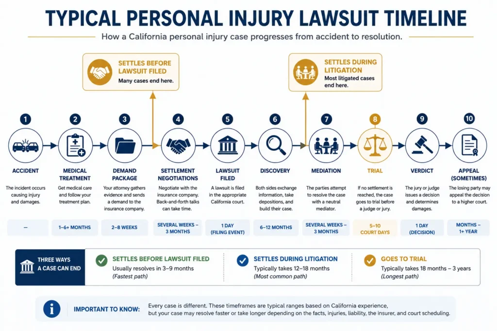  Timeline infographic showing the typical stages and timeframes of a California personal injury lawsuit, from injury and medical treatment through settlement negotiations, litigation, trial, verdict, and appeal.