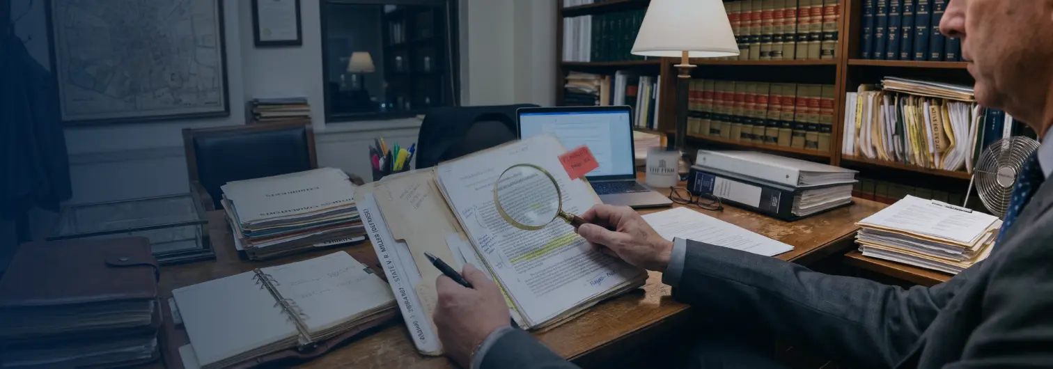 Insurance defense lawyer reviewing a California personal injury case file for weaknesses
