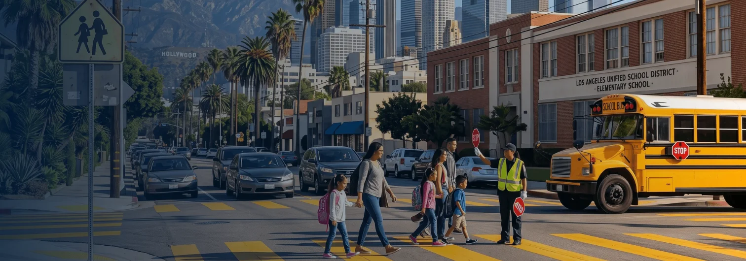 Parents and children using a school zone crosswalk with a crossing guard near Los Angeles school with stopped vehicles.