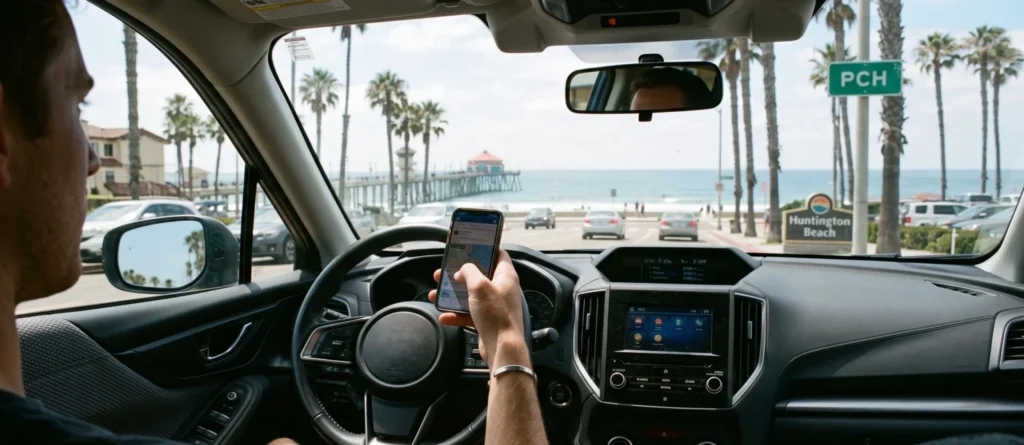 Close-up of a driver's hand holding a smartphone while gripping the steering wheel