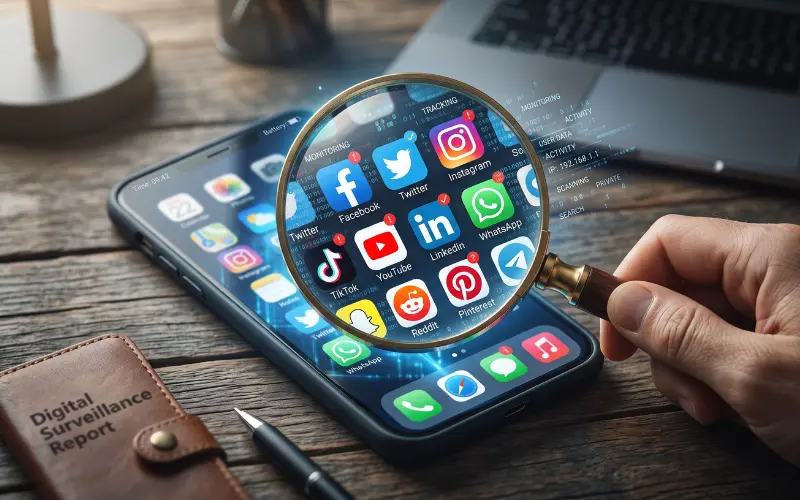 Magnifying glass over social media icons representing insurance surveillance in a personal injury claim.