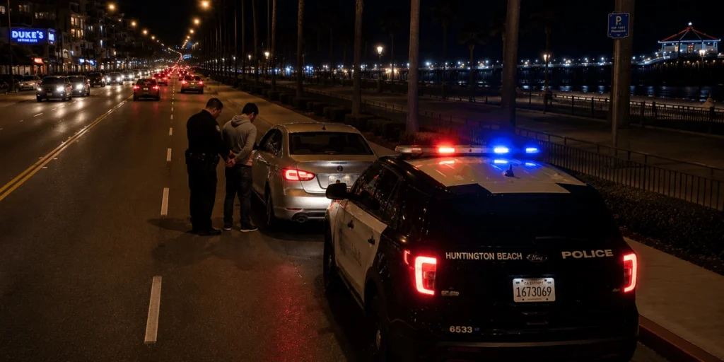 Police lights reflected on a wet PCH road surface at night near the HB pier