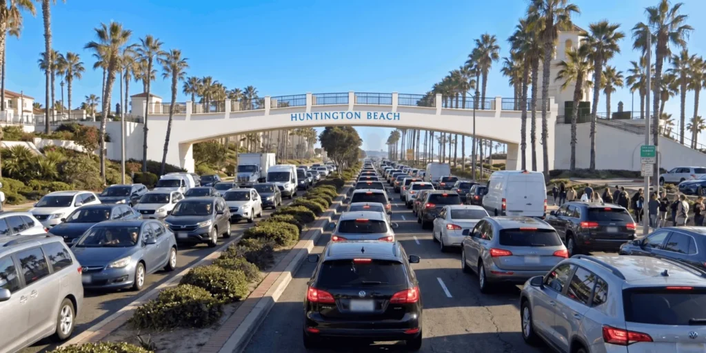 Line of vehicles stopped in traffic on PCH near downtown Huntington Beach