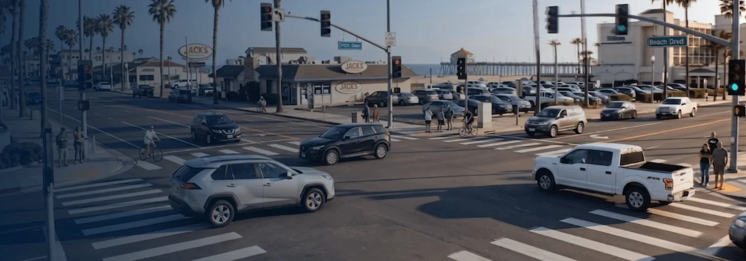 Aerial view of a signalized Huntington Beach intersection where two vehicles approach from perpendicular directions