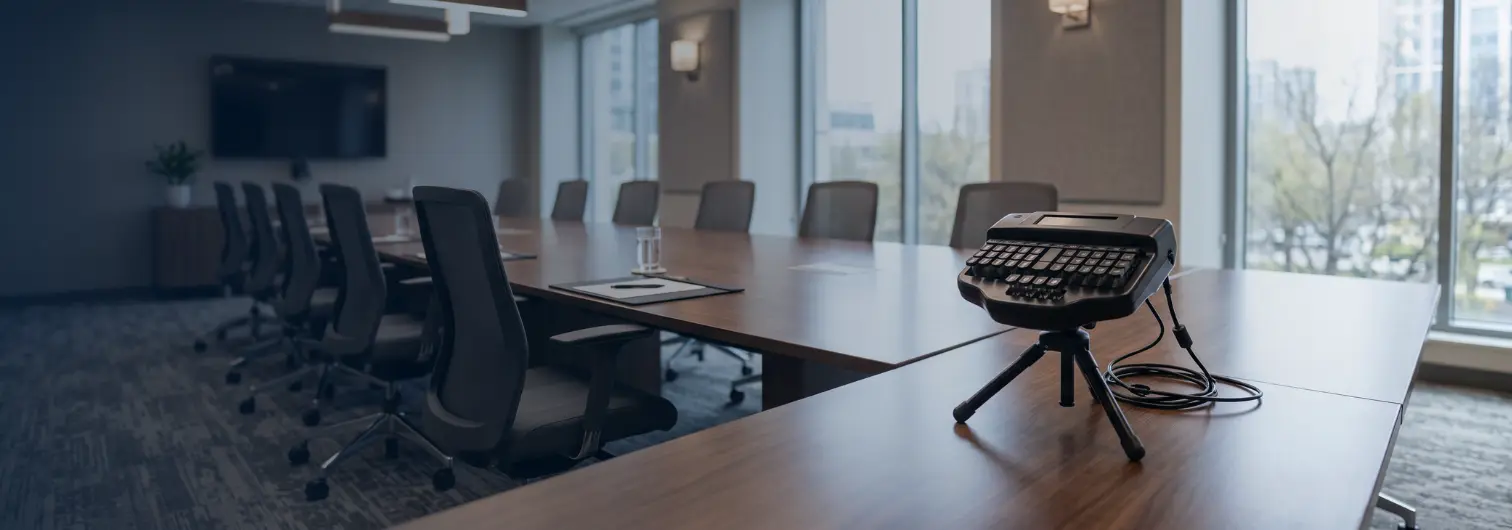 Conference room set up for a deposition in a California personal injury case