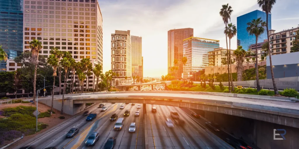 Downtown Los Angeles traffic at sunset