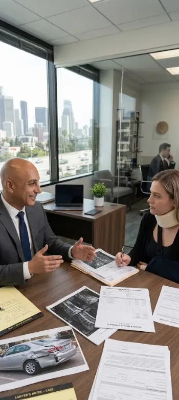 Lawyer-client meeting in a conference room with case documents visible on the desk